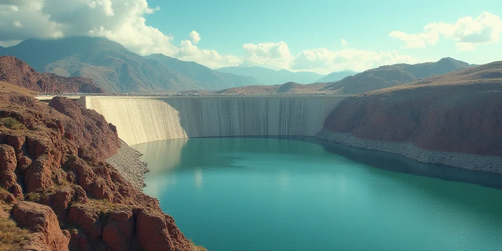 a large dam with a large body of water in front of it and a mountain in the background with a sky li