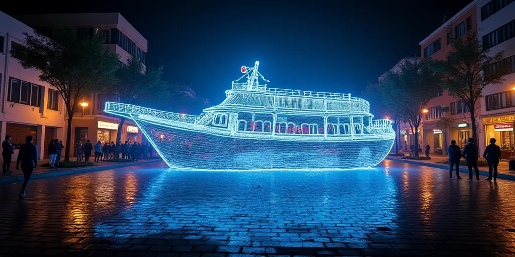 a large display of a boat on a city street at night time with people walking down the street below,