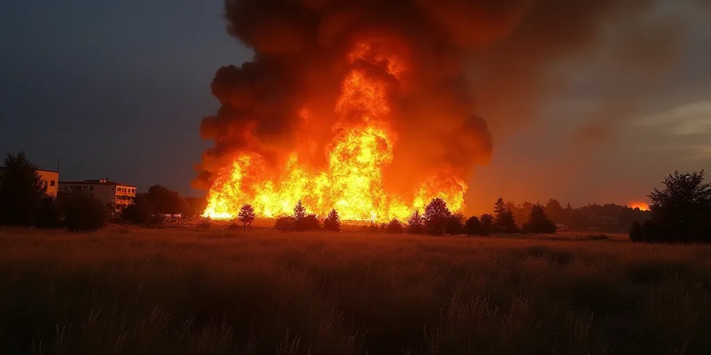 a large fire is burning in the distance in a field with trees and buildings in the background and a