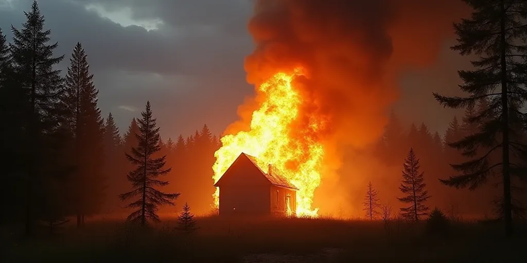 a large fire is raging out of a building in the middle of a forest area with a lot of smoke coming o