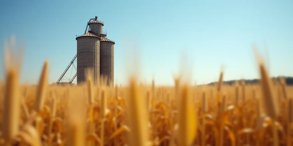 a large grain silo in a field of corn with a blue sky in the background and a silo in the foreground