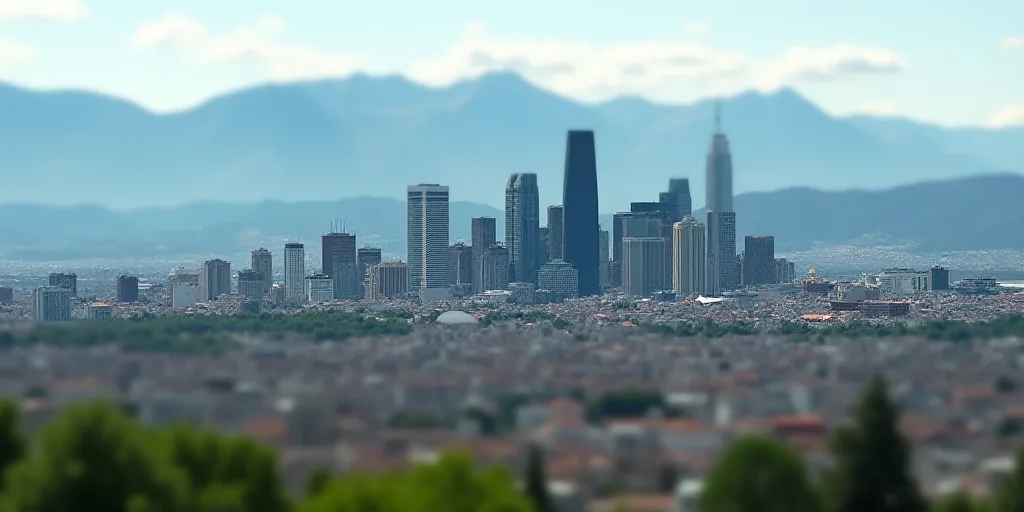 a large group of buildings in a large city with mountains in the background and a sky line in the fo