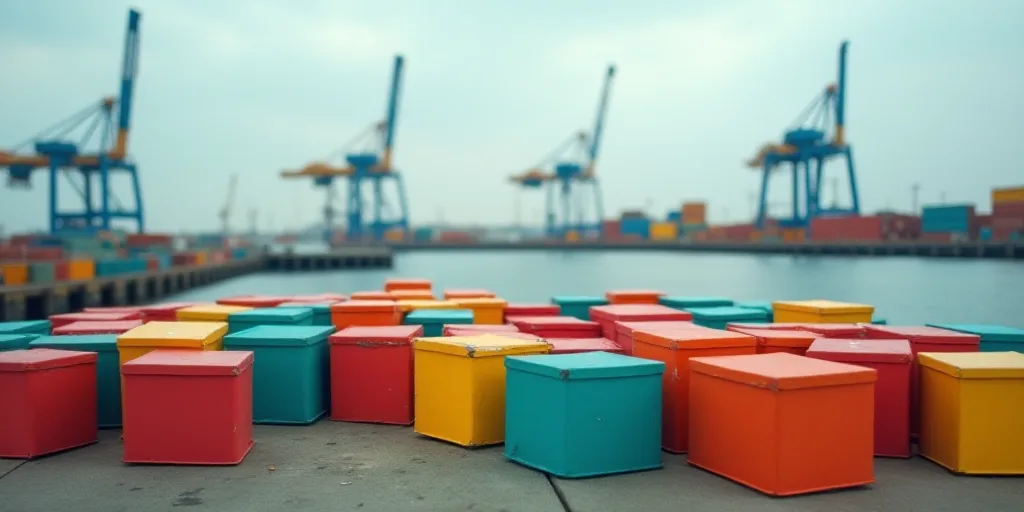 a large group of colorful boxes sitting on top of a dock next to a body of water with cranes in the