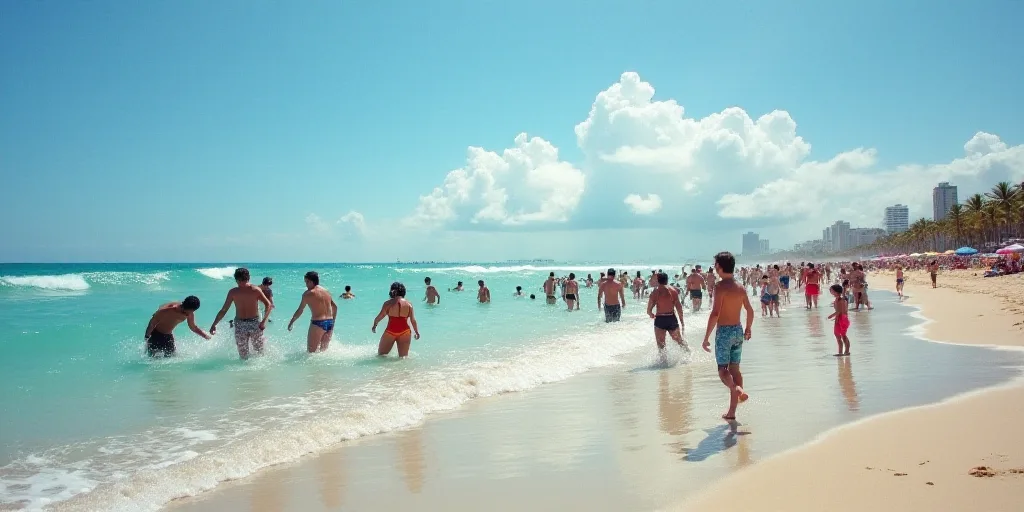 a large group of people are in the water at the beach and some are playing in the water and some are
