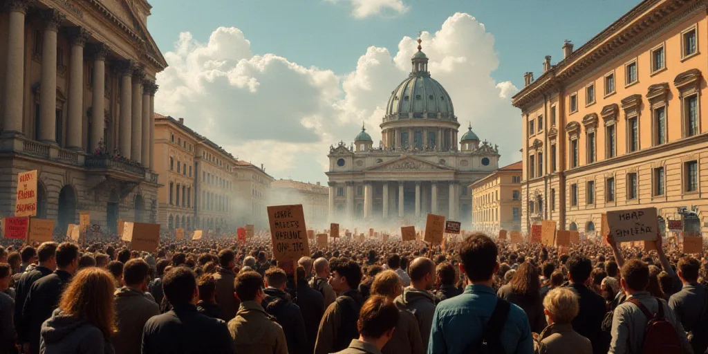 a large group of people holding signs and protesting in a protest rally in a city square, with a bui