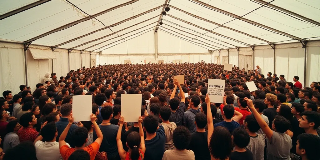 a large group of people holding signs in front of a crowd of people in a tent with white walls, Davi
