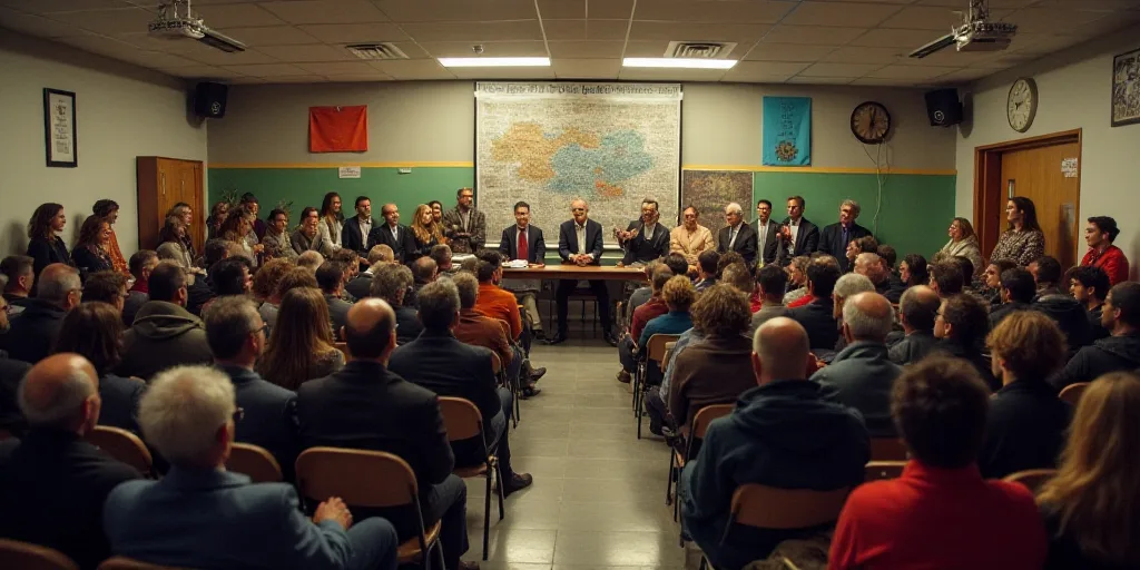 a large group of people sitting in chairs in a room with a stage and a clock on the wall, Ceferí Ol