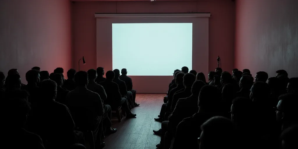 a large group of people sitting in a room with a projector screen in the middle of the room, Abdulla