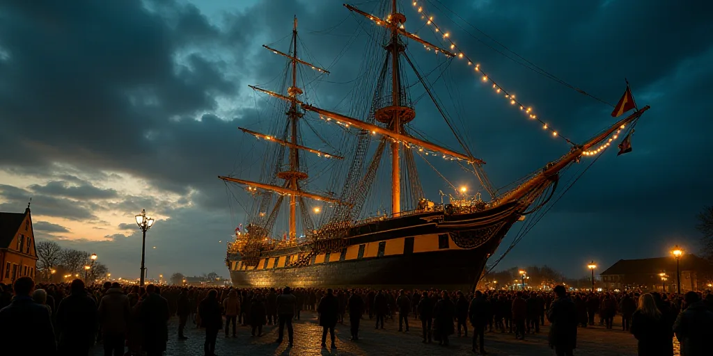 a large group of people standing in front of a large ship at night time with a crowd of people stand