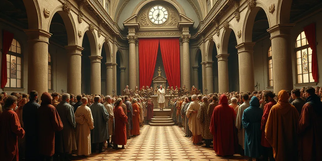 a large group of people standing in a church with a clock on the wall above them and a stage with a
