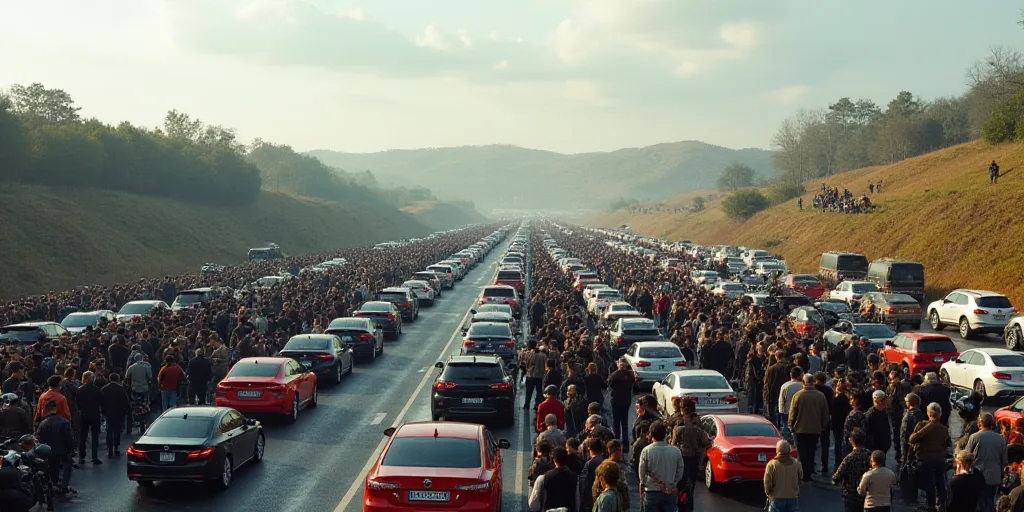 a large group of people standing on a road next to a bunch of cars and motorcycles on a hill, Ai Wei