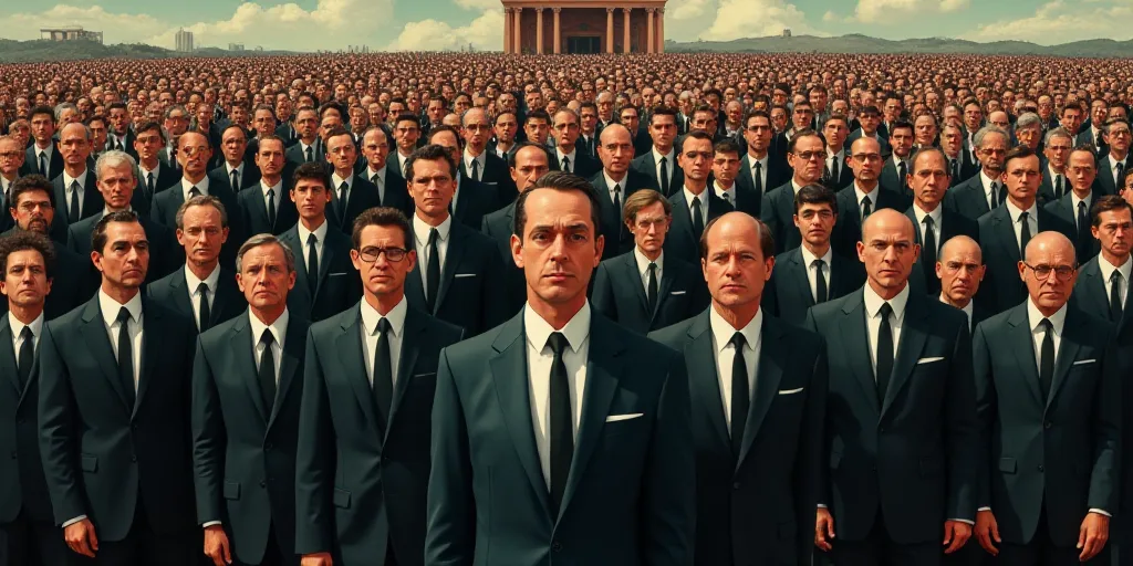 a large group of people standing in front of a crowd of people in suits and ties, all facing differe