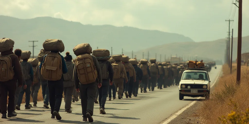a large group of people walking down a road with luggage bags on their backs and a car on the side o