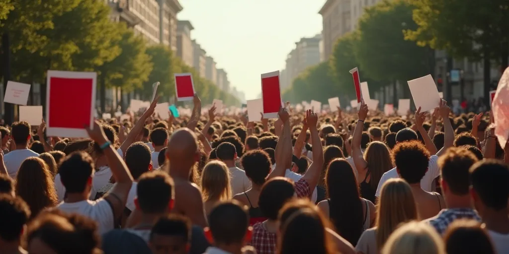 a large group of people walking down a street holding signs and banners in the air with a crowd of p