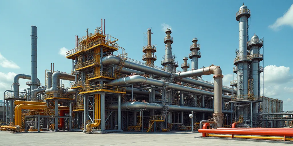a large group of pipes and pipes in a factory area with blue sky in the background and a few yellow