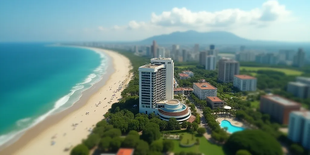 a large hotel and resort on a beach near the ocean with a city in the background and a body of water