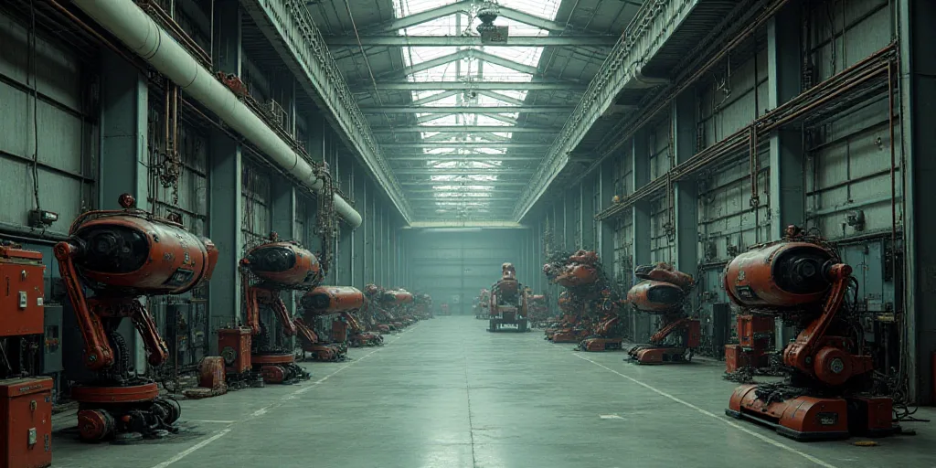 a large industrial building with lots of wires and machines on it's sides and a ceiling with metal b