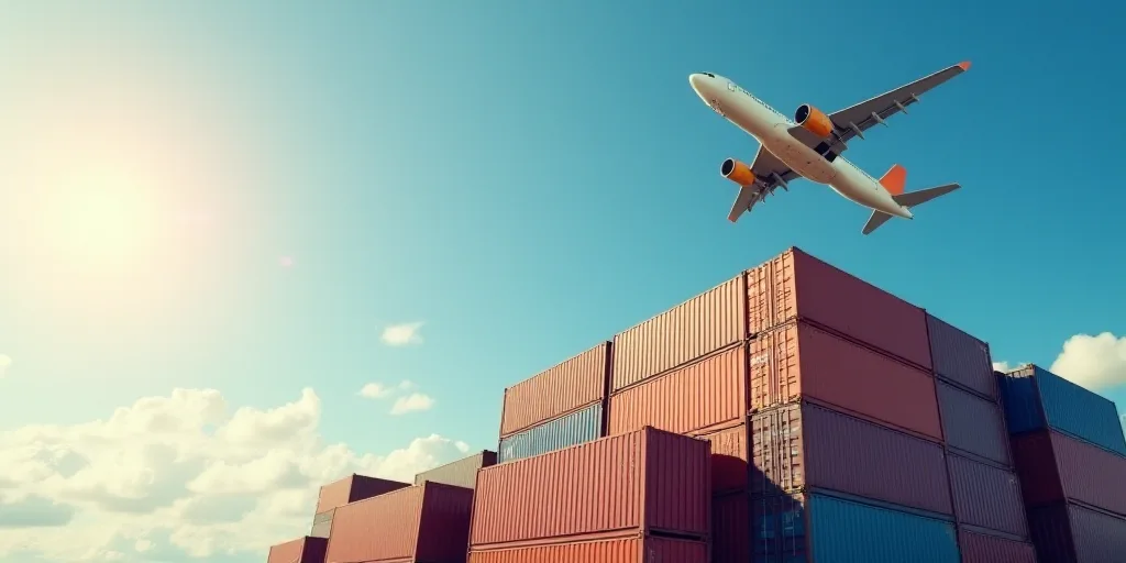 a large jetliner flying over a large stack of containers in the sky with a plane flying overhead in