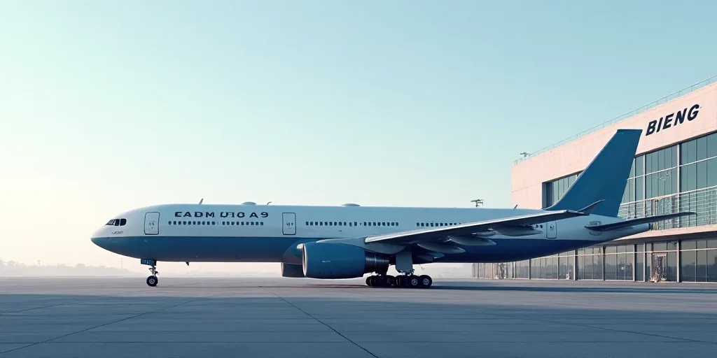 a large jetliner sitting on top of an airport tarmac next to a building with a boeing logo, Ei-Q, tu