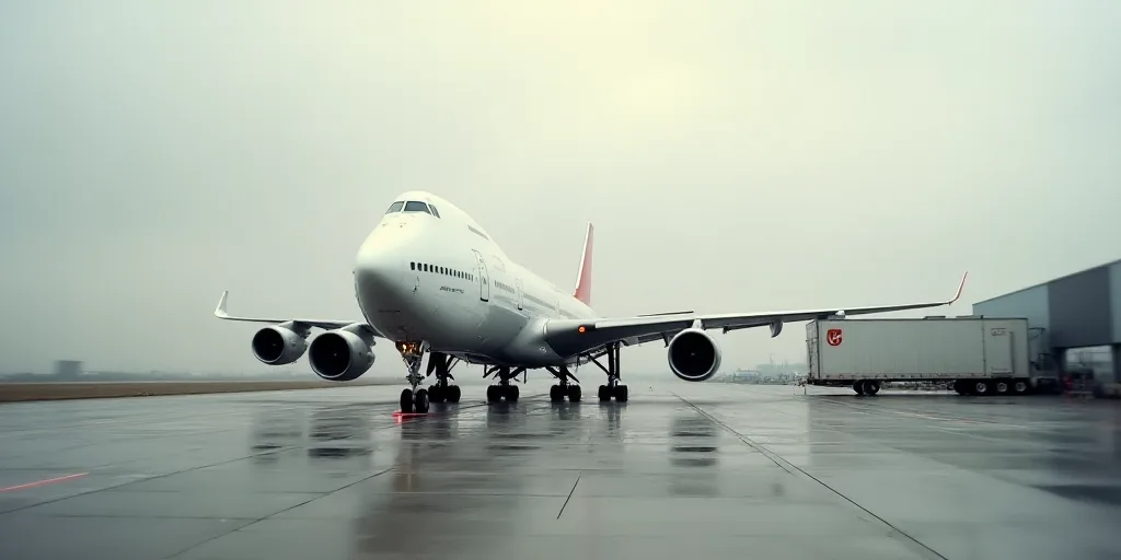 a large jetliner sitting on top of an airport tarmac next to a loading dock and a loading platform,