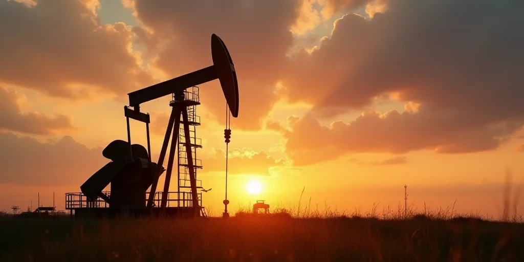 a large oil pump sitting on top of a field under a cloudy sky at sunset with the sun setting, Andrie