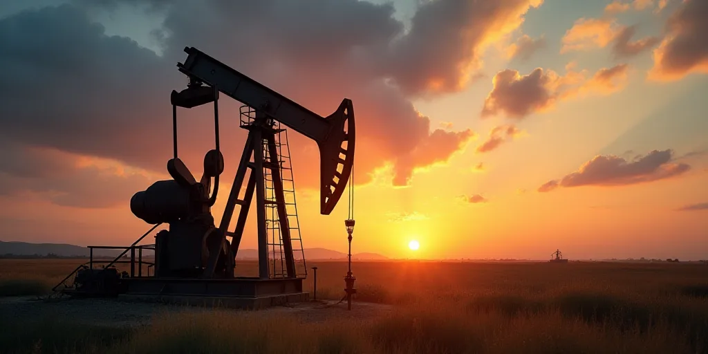 a large oil pump sitting on top of a field under a cloudy sky at sunset with the sun setting, Andrie