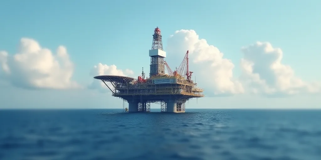 a large oil rig in the middle of the ocean with a sky background and clouds in the background,, Engu