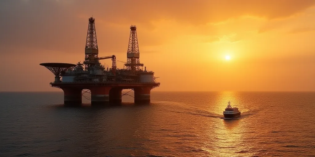 a large oil rig in the middle of the ocean at sunset with a boat in the background and a boat in the