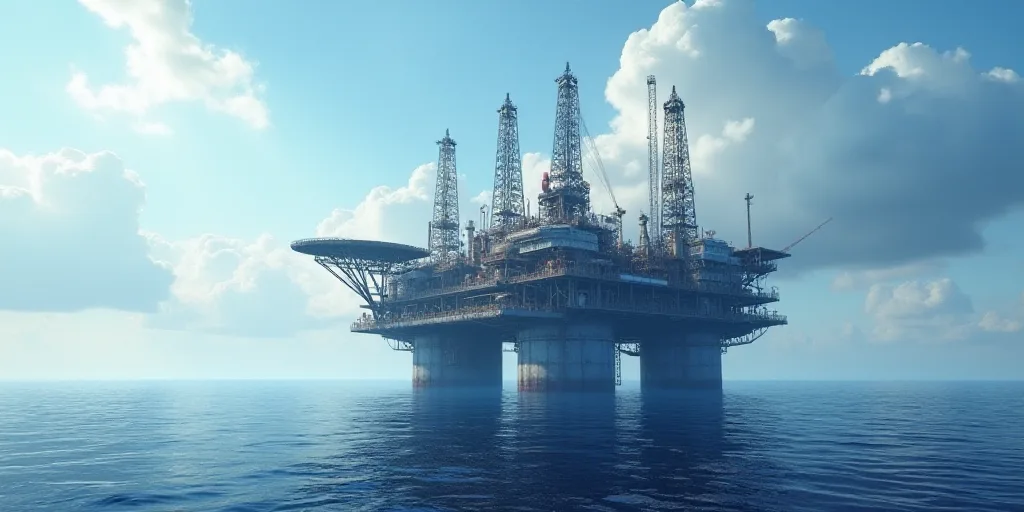 a large oil rig in the middle of the ocean with a sky background and clouds in the background,, Basc
