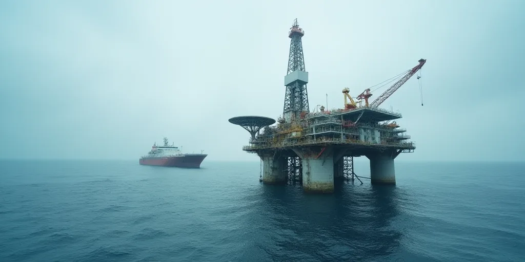 a large oil rig in the middle of the ocean with a boat in the background and a barge in the water, C