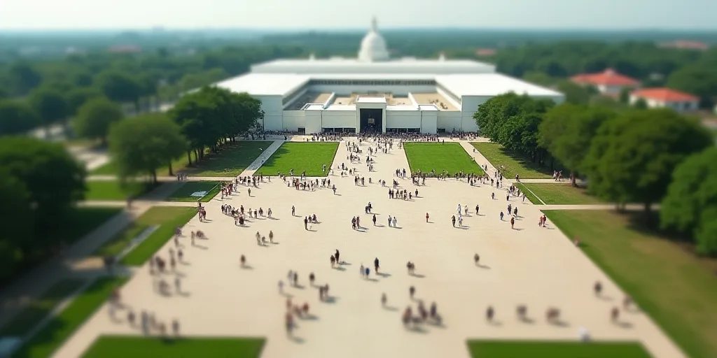 a large open area with a lot of people walking around it and a large building in the background with