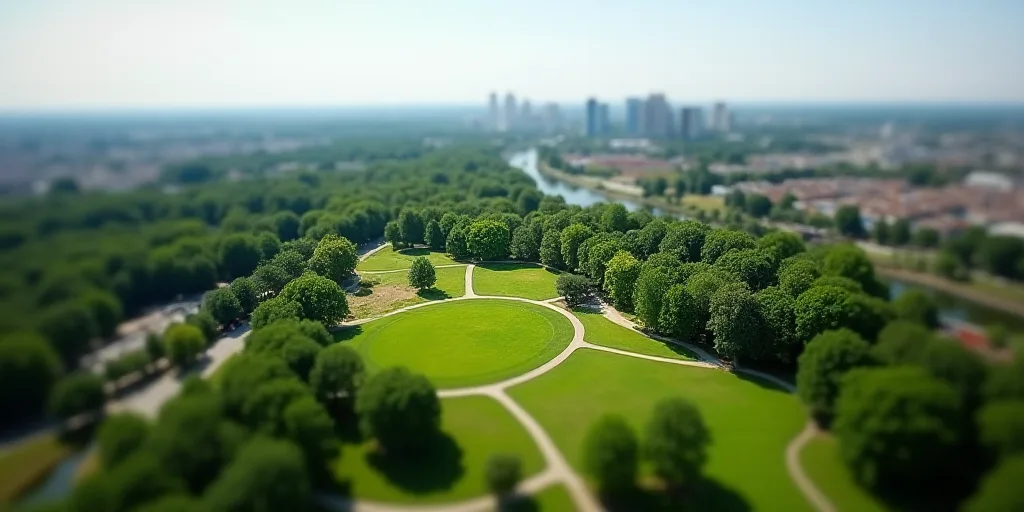 a large park with a lot of trees and buildings in the background and a river running through it, and