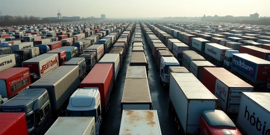 a large parking lot filled with lots of cars and trucks parked next to each other in rows of rows, C
