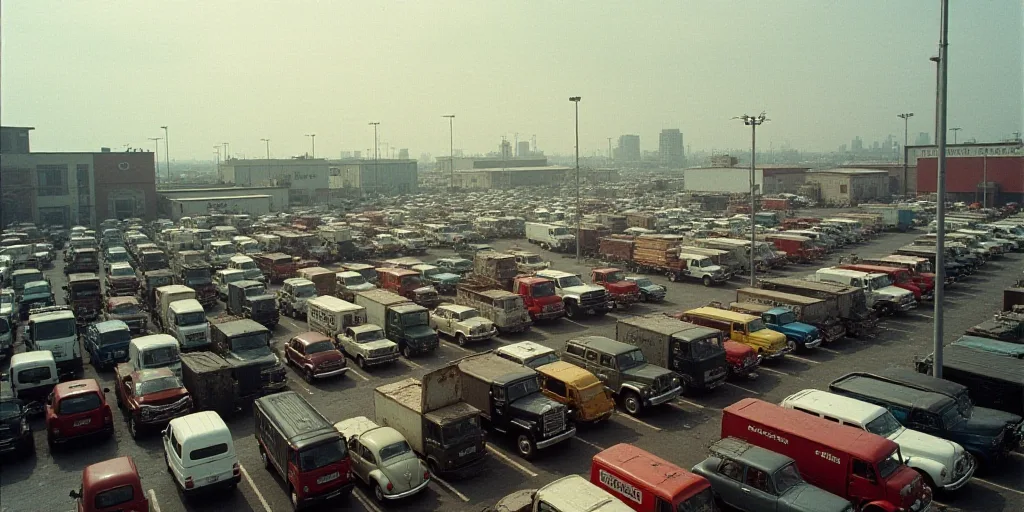 a large parking lot filled with lots of cars and trucks parked next to each other in rows of rows, C