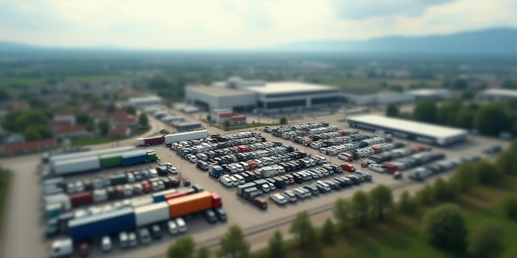 a large parking lot filled with lots of cars and trucks parked next to each other in front of a fact