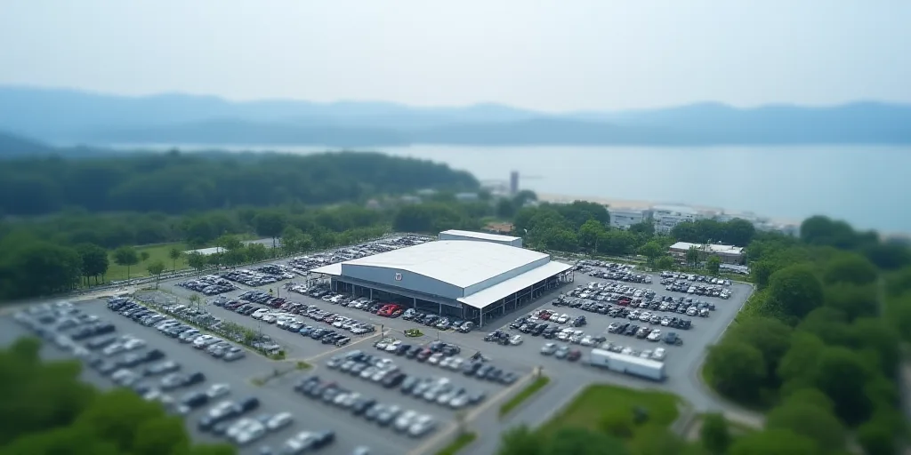 a large parking lot with a large building in the background and a large body of water in the distanc