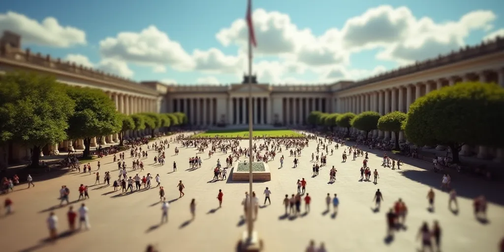 a large plaza with a lot of people in it and a building in the background with a flag pole, David Al