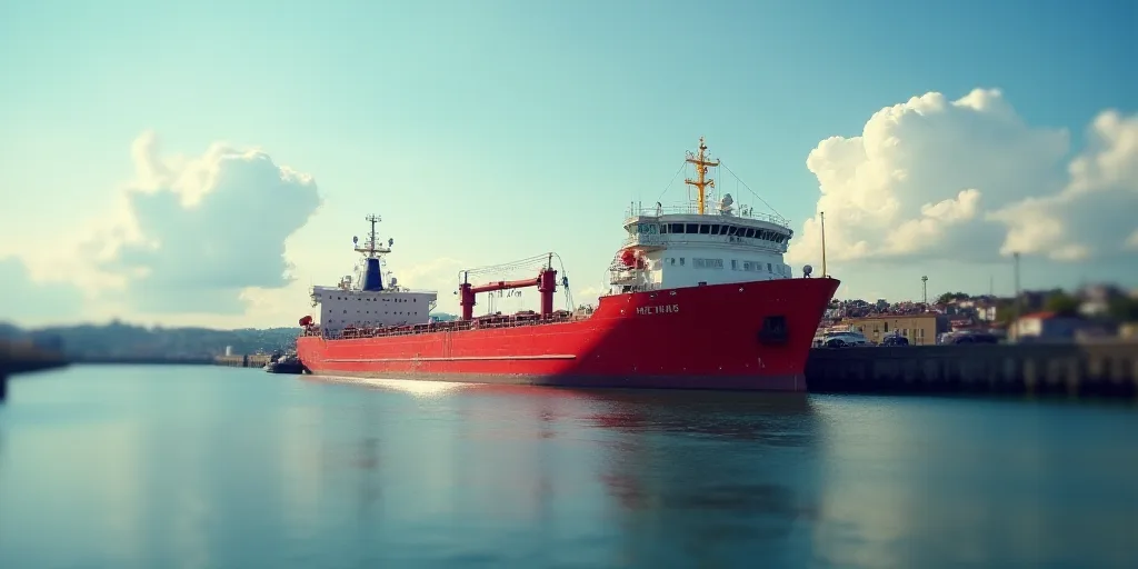 a large red boat sitting in a harbor next to a body of water with a sky background and clouds, Engue