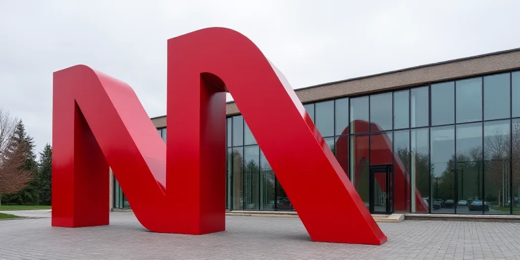 a large red sculpture in front of a building with a large n on it's side in front of a building, Avg
