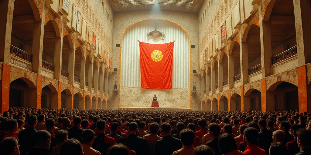 a large room filled with lots of people and a flag on the wall behind them and a lot of signs, David