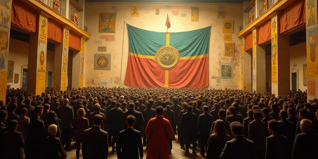 a large room filled with lots of people and a flag on the wall behind them and a lot of signs, David