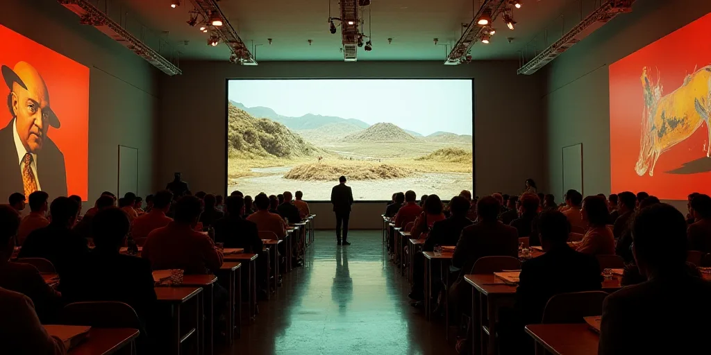 a large room filled with lots of people sitting at desks in front of a projector screen and a projec