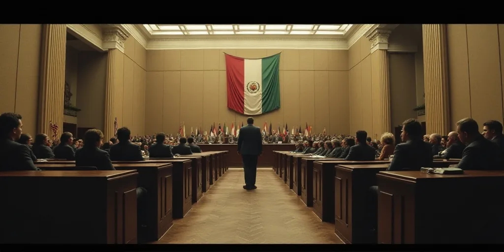 a large room filled with people sitting at desks and a flag hanging from the wall behind them and a