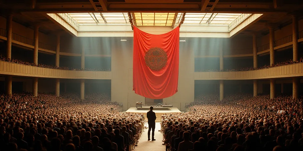 a large room filled with people and a flag hanging from the ceiling of the building, with a stage in