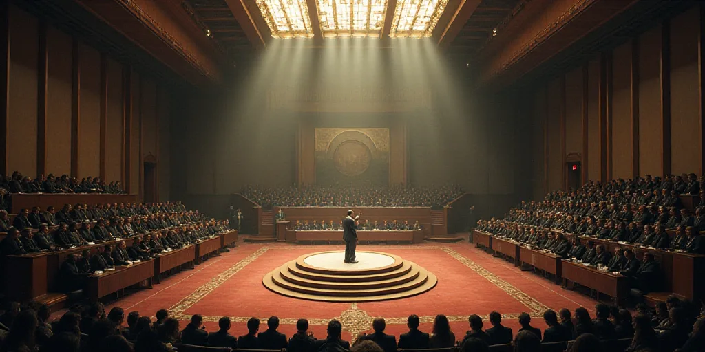 a large room with a bunch of people in it and a podium in the middle of the room with a podium on th