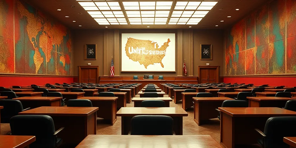 a large room with a lot of desks and a big screen on the wall above it that says the united states,