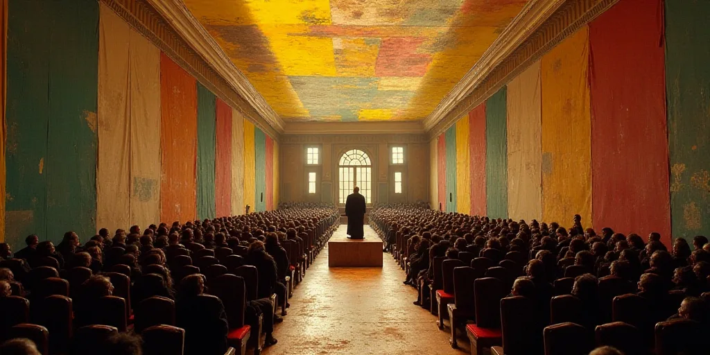 a large room with a lot of people in it and a speaker in the center of the room with a lot of chairs
