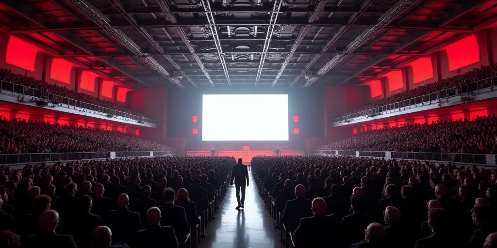 a large room with a lot of people in it and a big screen in the center of the room, Edi Rama, open c