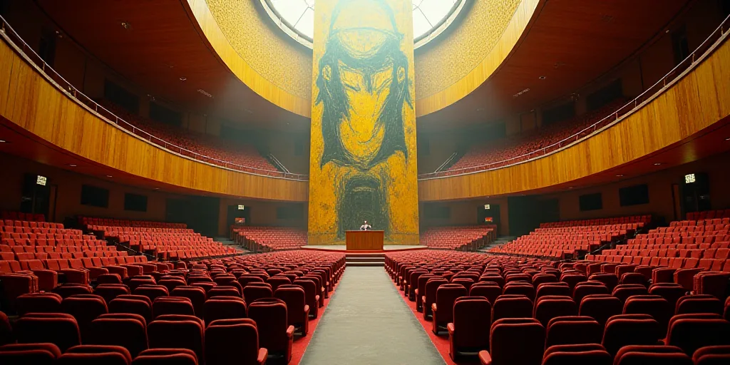 a large room with a lot of people in it and a podium in the middle of the room with a lot of chairs,