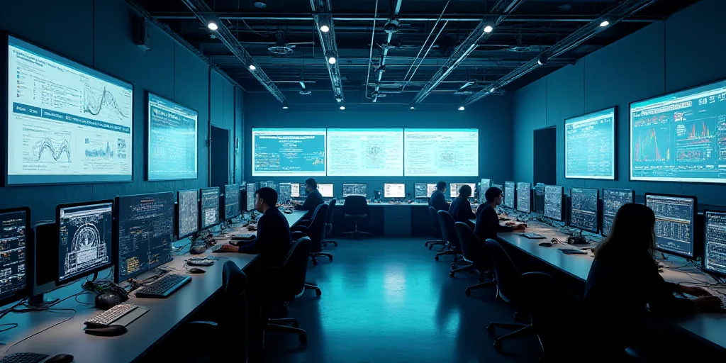 a large room with multiple monitors and tables in it's center area, with people working on computers